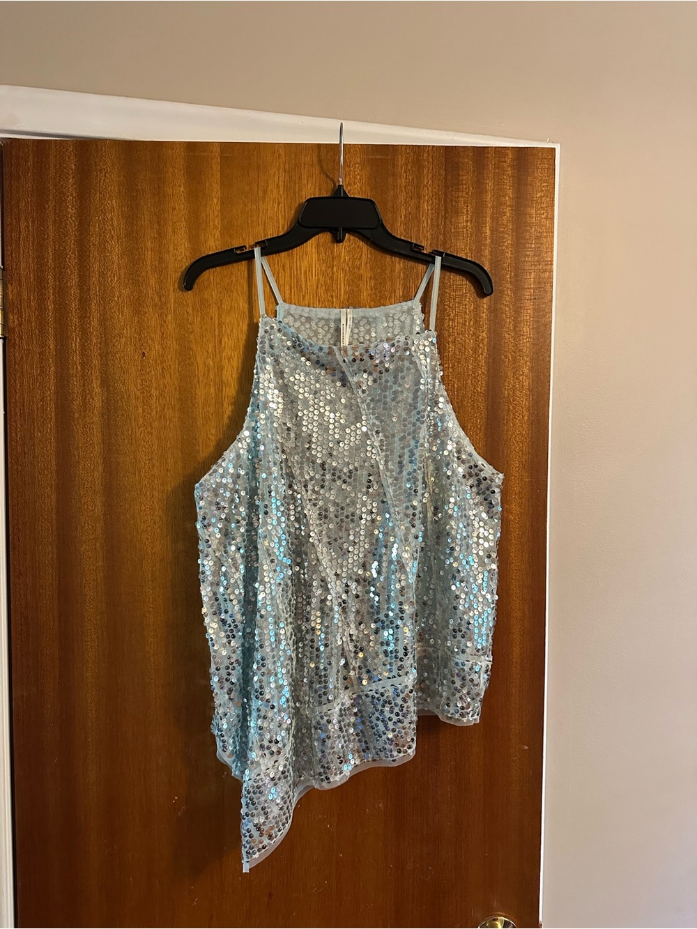 Anthropologie Sequined Light Blue Asymmetrical Tank Top